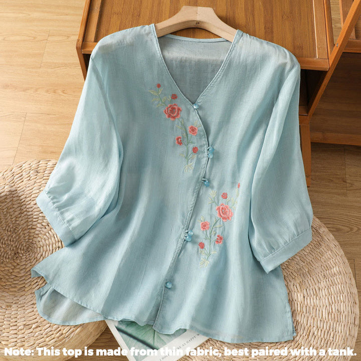 Buddha Stones bestickte Blumen Baumwolle Damen V-Ausschnitt Shirt - image 4