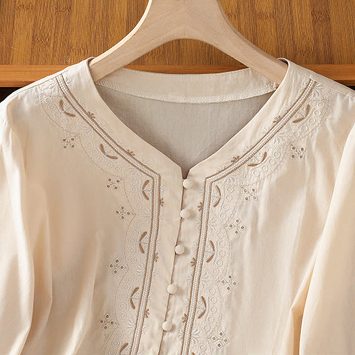 Buddha Stones Symmetrische Stickerei Baumwolle Damen V-Ausschnitt Shirt - image 4