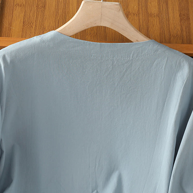 Buddha Stones Symmetrische Stickerei Baumwolle Damen V-Ausschnitt Shirt - image 8