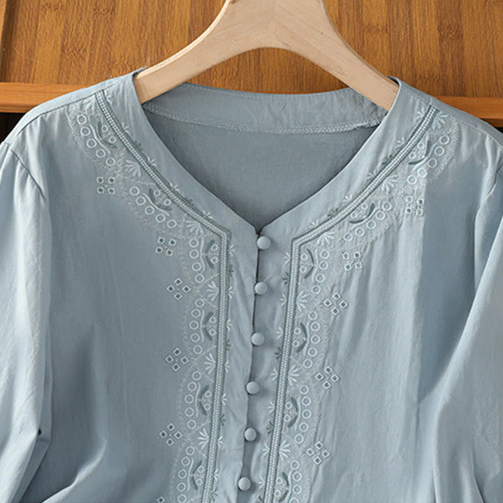 Buddha Stones Symmetrische Stickerei Baumwolle Damen V-Ausschnitt Shirt - image 10