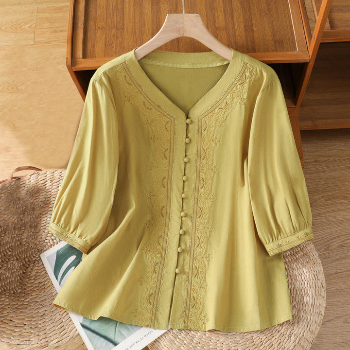 Buddha Stones Symmetrische Stickerei Baumwolle Damen V-Ausschnitt Shirt - Khaki - US12, UK/AU16,EU44 (2XL) - image 14
