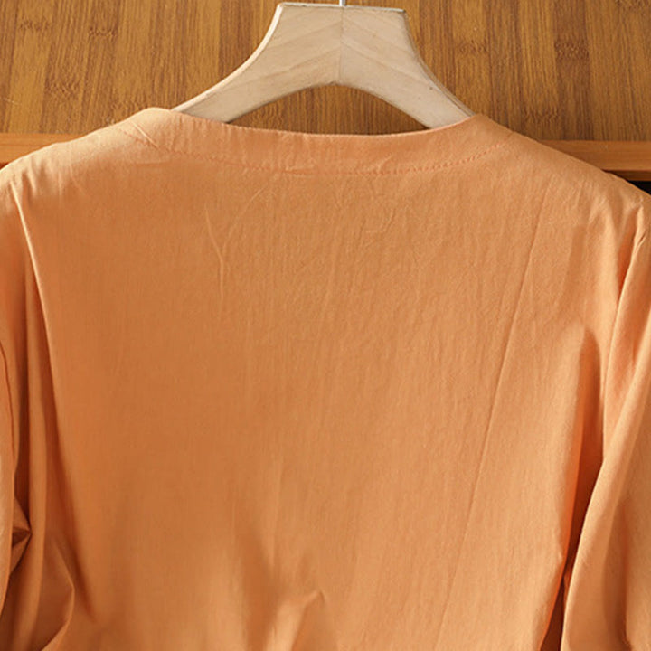 Buddha Stones Symmetrische Stickerei Baumwolle Damen V-Ausschnitt Shirt - image 22