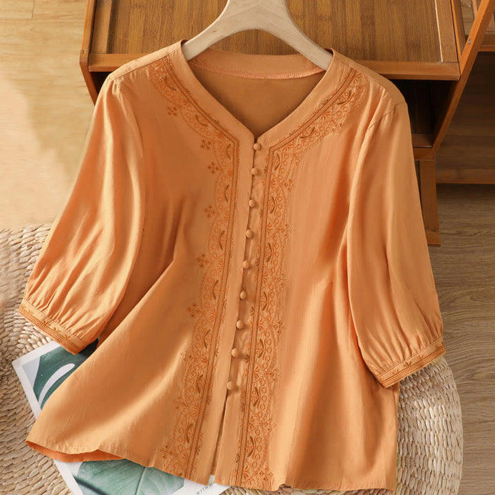 Buddha Stones Symmetrische Stickerei Baumwolle Damen V-Ausschnitt Shirt - SandyBrown - US12, UK/AU16,EU44 (2XL) - image 20