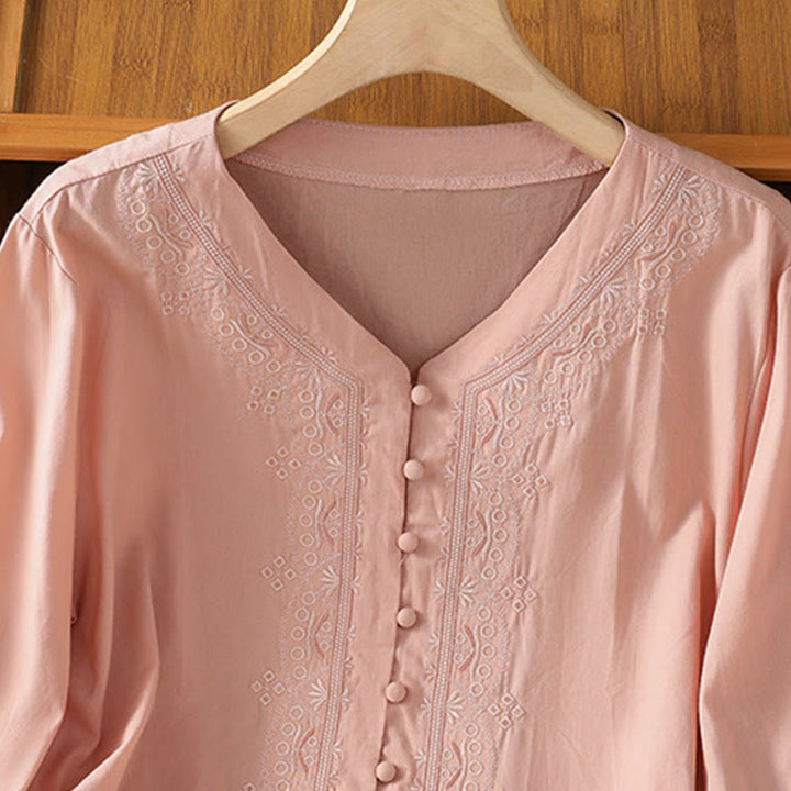 Buddha Stones Symmetrische Stickerei Baumwolle Damen V-Ausschnitt Shirt - image 31