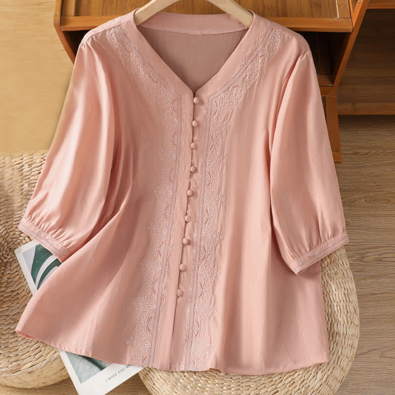 Buddha Stones Symmetrische Stickerei Baumwolle Damen V-Ausschnitt Shirt - Rosa - US12, UK/AU16,EU44 (2XL) - image 27