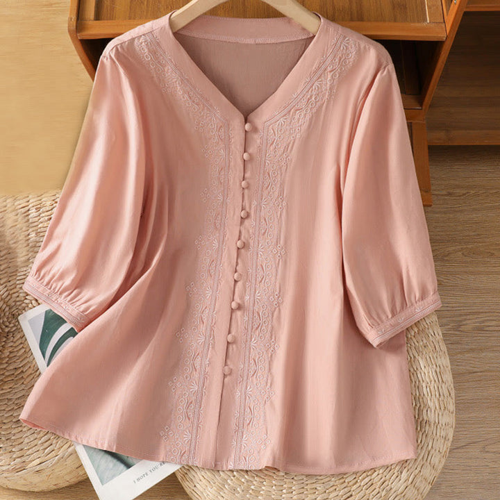 Buddha Stones Symmetrische Stickerei Baumwolle Damen V-Ausschnitt Shirt - Rosa - US12, UK/AU16,EU44 (2XL) - image 27