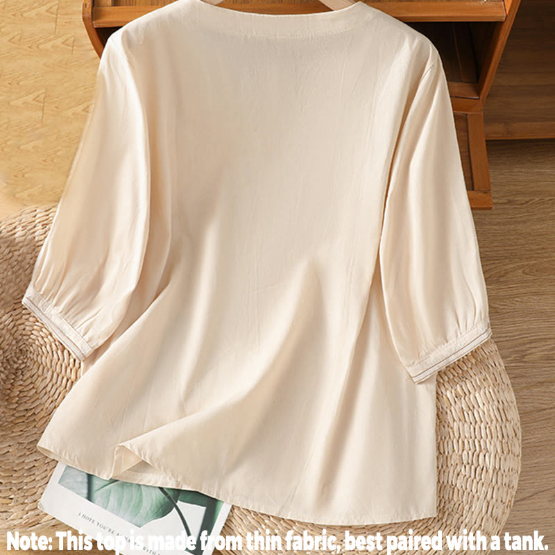 Buddha Stones Symmetrische Stickerei Baumwolle Damen V-Ausschnitt Shirt - image 2