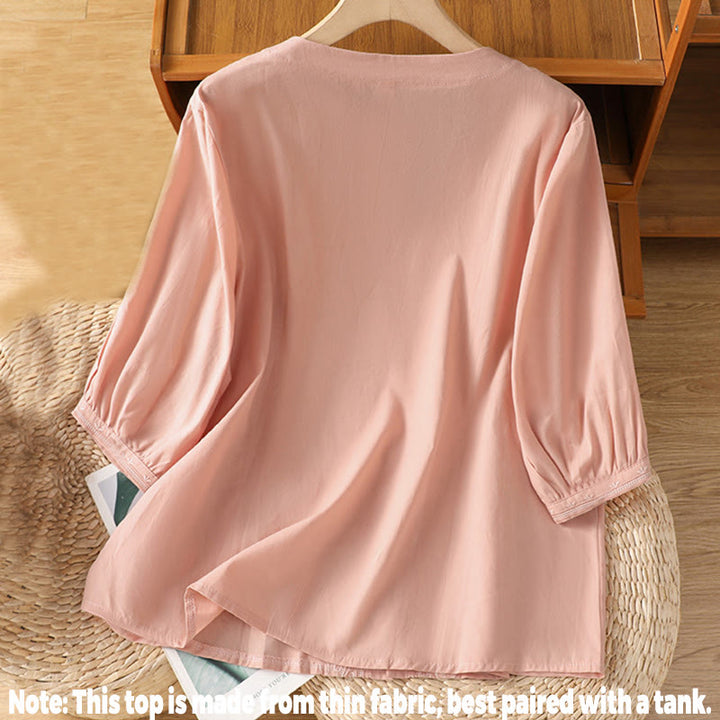 Buddha Stones Symmetrische Stickerei Baumwolle Damen V-Ausschnitt Shirt - image 28