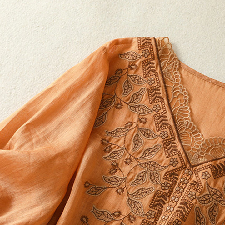 Lässiges Damen-T-Shirt aus Baumwolle und Leinen mit halblangen Ärmeln und bestickter Spitze mit Buddha Stones - image 2