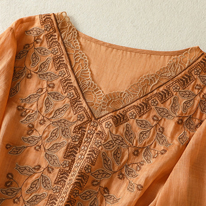 Lässiges Damen-T-Shirt aus Baumwolle und Leinen mit halblangen Ärmeln und bestickter Spitze mit Buddha Stones - image 8