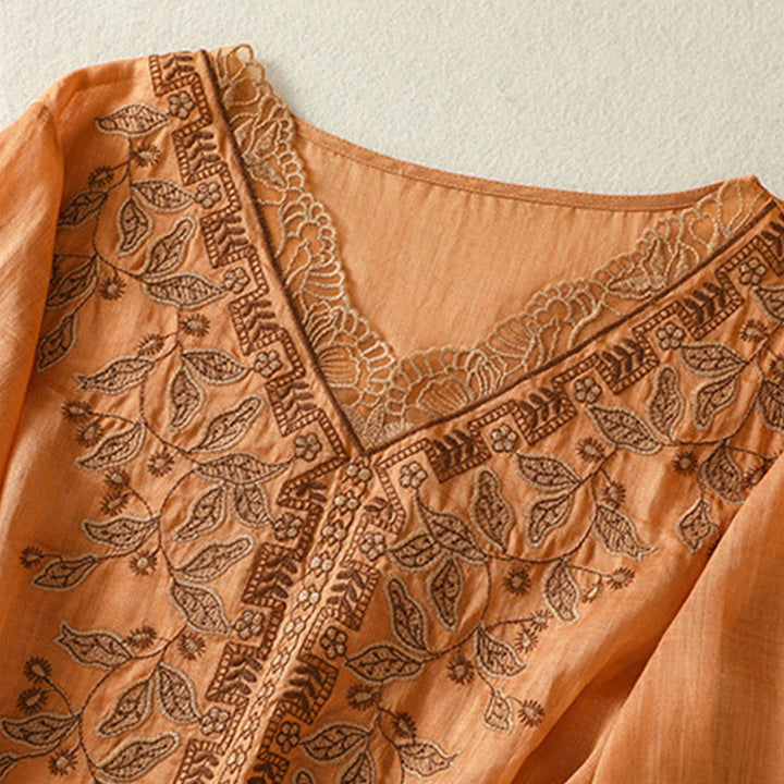 Lässiges Damen-T-Shirt aus Baumwolle und Leinen mit halblangen Ärmeln und bestickter Spitze mit Buddha Stones - image 8