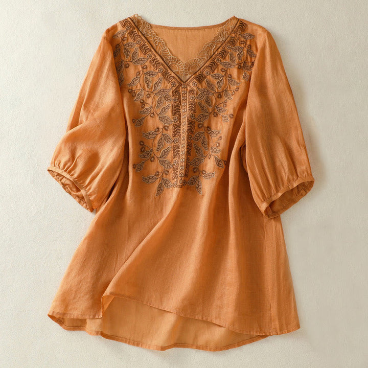 Lässiges Damen-T-Shirt aus Baumwolle und Leinen mit halblangen Ärmeln und bestickter Spitze mit Buddha Stones - Schokolade - US8-10, UK/AU12-14, EU40-42 (2XL) - image 1