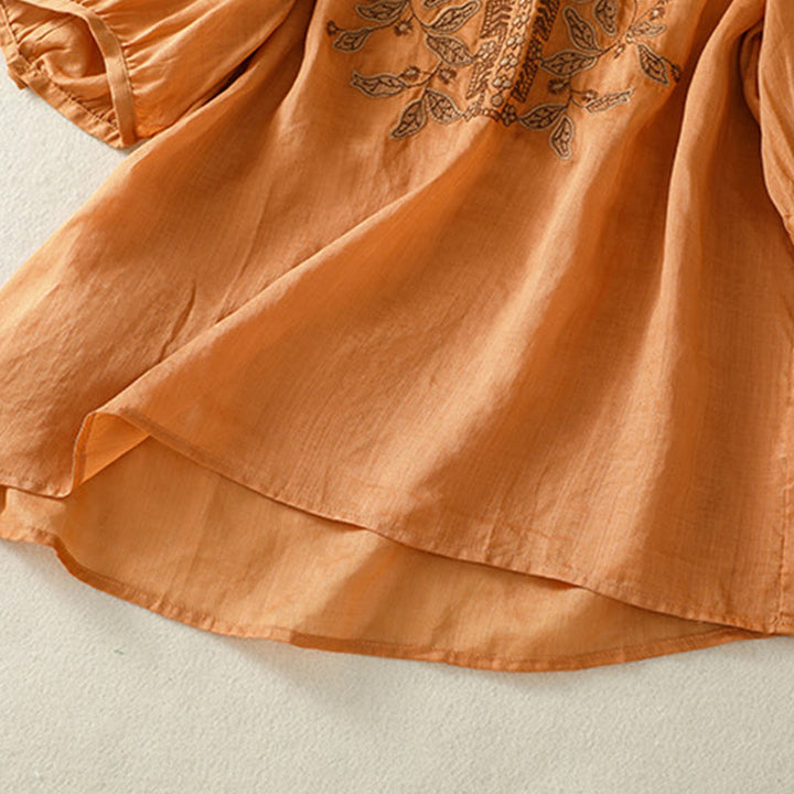 Lässiges Damen-T-Shirt aus Baumwolle und Leinen mit halblangen Ärmeln und bestickter Spitze mit Buddha Stones - image 5