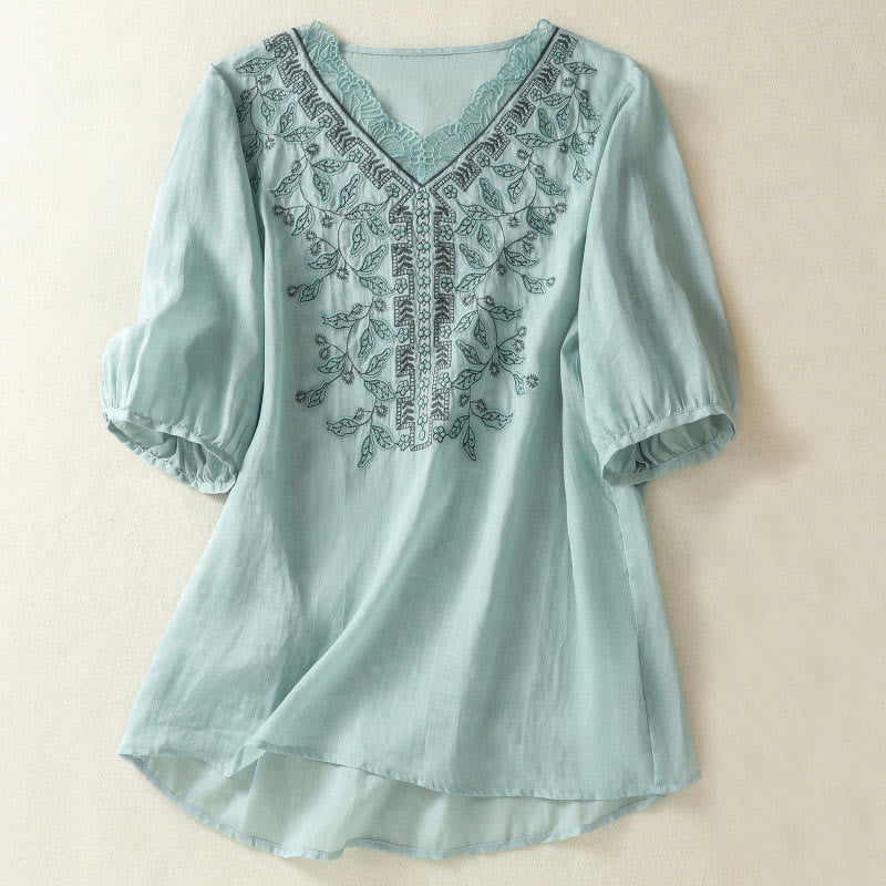 Lässiges Damen-T-Shirt aus Baumwolle und Leinen mit halblangen Ärmeln und bestickter Spitze mit Buddha Stones - HellHimmelBlau - US8-10, UK/AU12-14, EU40-42 (2XL) - image 9