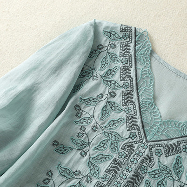 Lässiges Damen-T-Shirt aus Baumwolle und Leinen mit halblangen Ärmeln und bestickter Spitze mit Buddha Stones - image 12