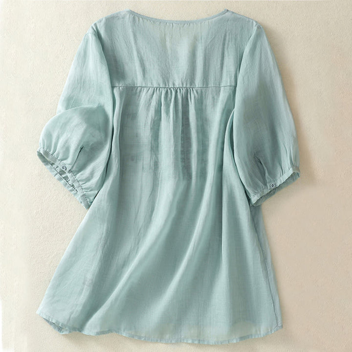 Lässiges Damen-T-Shirt aus Baumwolle und Leinen mit halblangen Ärmeln und bestickter Spitze mit Buddha Stones - image 10