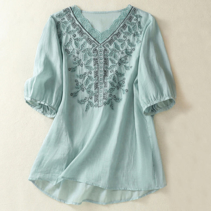 Lässiges Damen-T-Shirt aus Baumwolle und Leinen mit halblangen Ärmeln und bestickter Spitze mit Buddha Stones - Hellblau - US 8-10, UK/AU 12-14, EU 40-42 (2XL) - image 8