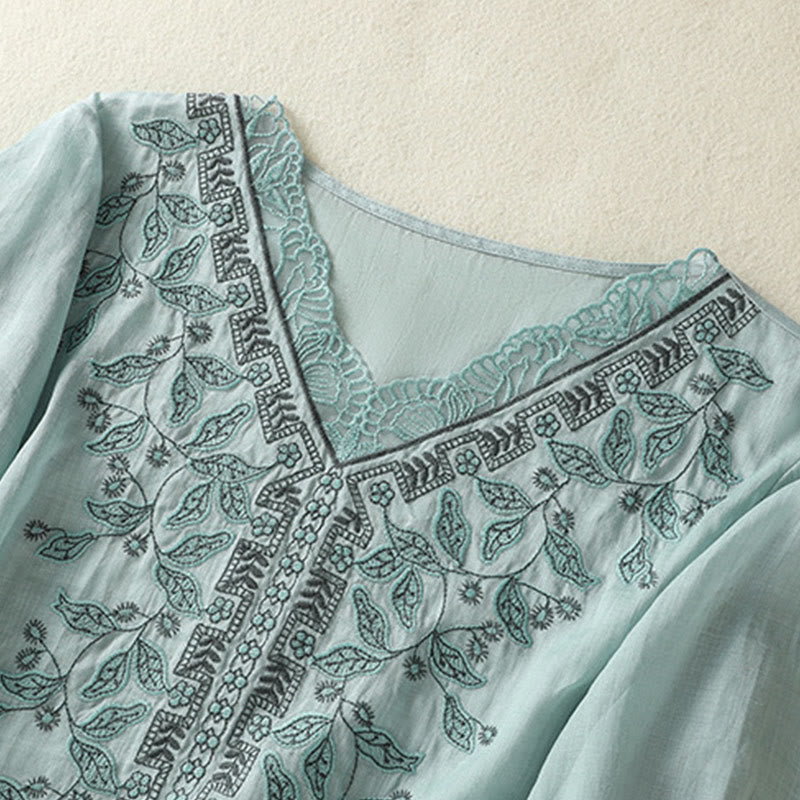 Lässiges Damen-T-Shirt aus Baumwolle und Leinen mit halblangen Ärmeln und bestickter Spitze mit Buddha Stones - image 14