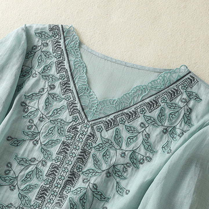 Lässiges Damen-T-Shirt aus Baumwolle und Leinen mit halblangen Ärmeln und bestickter Spitze mit Buddha Stones - image 14