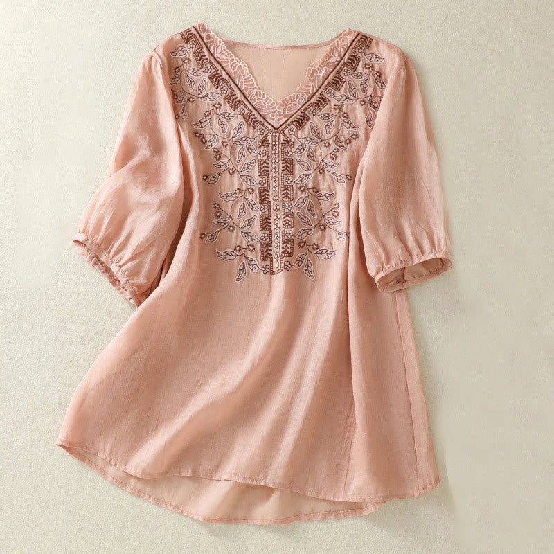 Lässiges Damen-T-Shirt aus Baumwolle und Leinen mit halblangen Ärmeln und bestickter Spitze mit Buddha Stones - Rosa - US8-10, UK/AU12-14, EU40-42 (2XL) - image 20