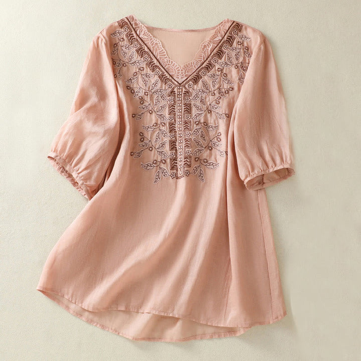 Lässiges Damen-T-Shirt aus Baumwolle und Leinen mit halblangen Ärmeln und bestickter Spitze mit Buddha Stones - Rosa - US8-10, UK/AU12-14, EU40-42 (2XL) - image 20