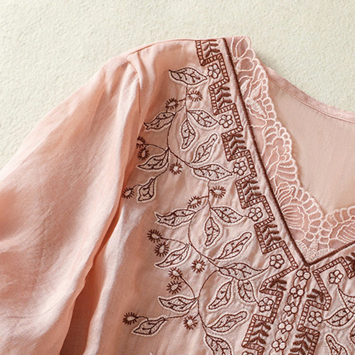 Lässiges Damen-T-Shirt aus Baumwolle und Leinen mit halblangen Ärmeln und bestickter Spitze mit Buddha Stones - image 29