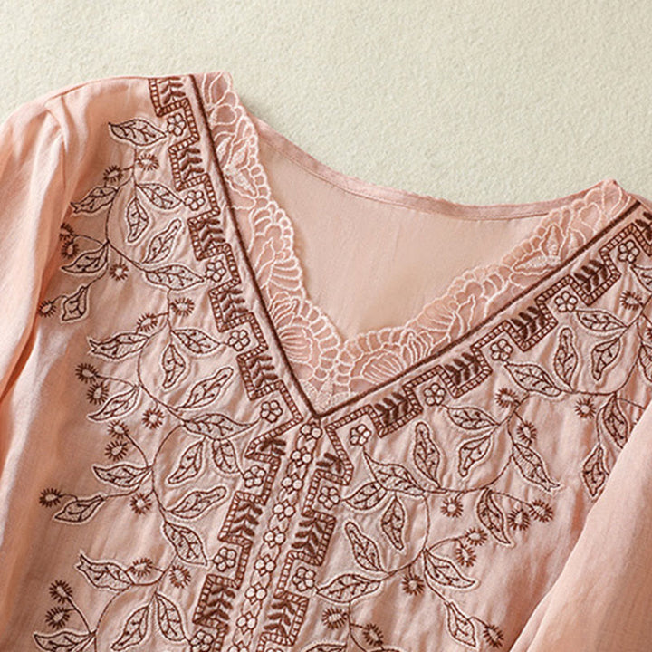 Lässiges Damen-T-Shirt aus Baumwolle und Leinen mit halblangen Ärmeln und bestickter Spitze mit Buddha Stones - image 27