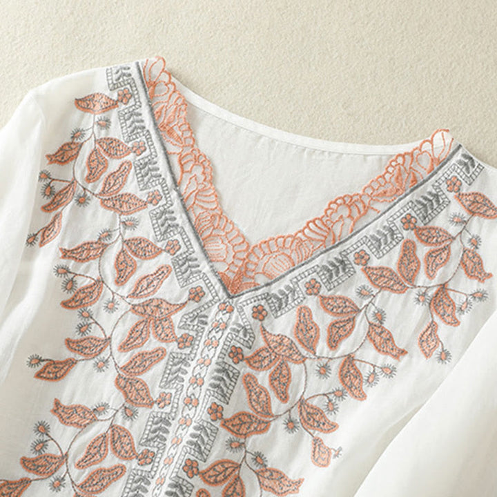 Lässiges Damen-T-Shirt aus Baumwolle und Leinen mit halblangen Ärmeln und bestickter Spitze mit Buddha Stones - image 32
