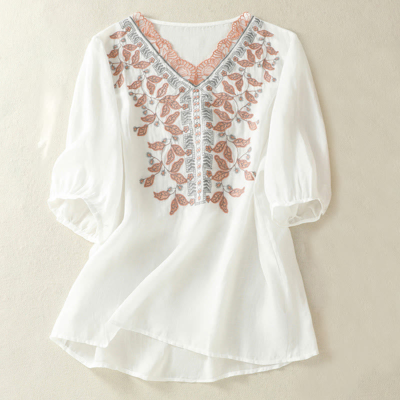 Lässiges Damen-T-Shirt aus Baumwolle und Leinen mit halblangen Ärmeln und bestickter Spitze mit Buddha Stones - Weiß - US8-10, UK/AU12-14, EU40-42 (2XL) - image 30