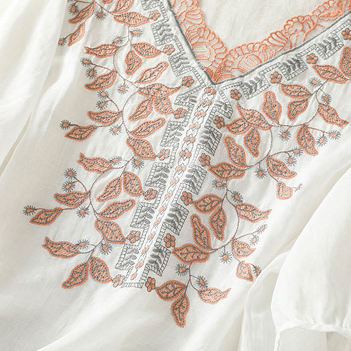 Lässiges Damen-T-Shirt aus Baumwolle und Leinen mit halblangen Ärmeln und bestickter Spitze mit Buddha Stones - image 34