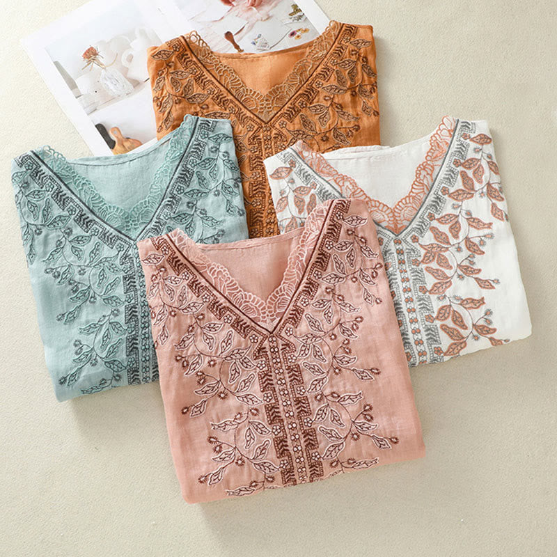 Lässiges Damen-T-Shirt aus Baumwolle und Leinen mit halblangen Ärmeln und bestickter Spitze mit Buddha Stones - image 37