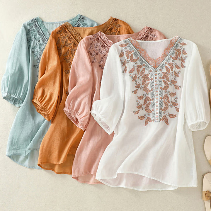 Lässiges Damen-T-Shirt aus Baumwolle und Leinen mit halblangen Ärmeln und bestickter Spitze mit Buddha Stones - image 35