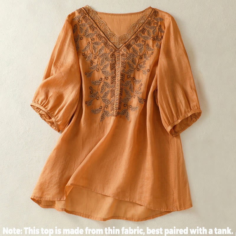 Lässiges Damen-T-Shirt aus Baumwolle und Leinen mit halblangen Ärmeln und bestickter Spitze mit Buddha Stones - image 2