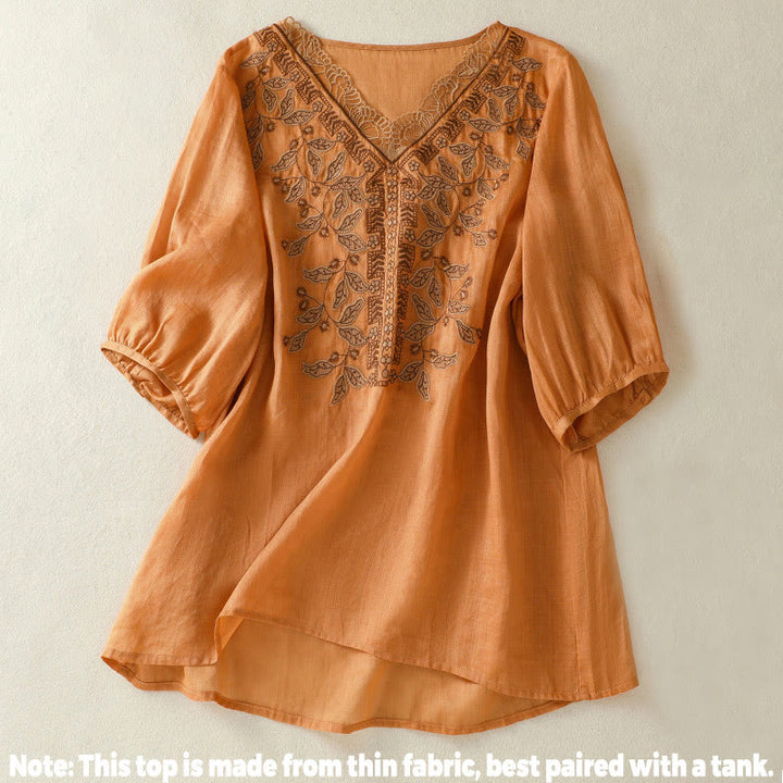 Lässiges Damen-T-Shirt aus Baumwolle und Leinen mit halblangen Ärmeln und bestickter Spitze mit Buddha Stones - image 2