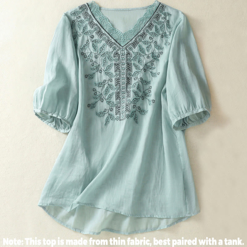 Lässiges Damen-T-Shirt aus Baumwolle und Leinen mit halblangen Ärmeln und bestickter Spitze mit Buddha Stones - image 9