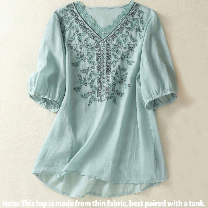 Lässiges Damen-T-Shirt aus Baumwolle und Leinen mit halblangen Ärmeln und bestickter Spitze mit Buddha Stones - image 9