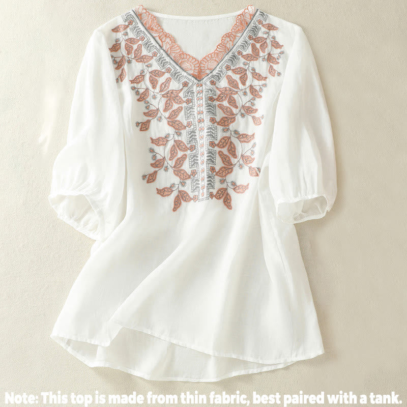 Lässiges Damen-T-Shirt aus Baumwolle und Leinen mit halblangen Ärmeln und bestickter Spitze mit Buddha Stones - image 31