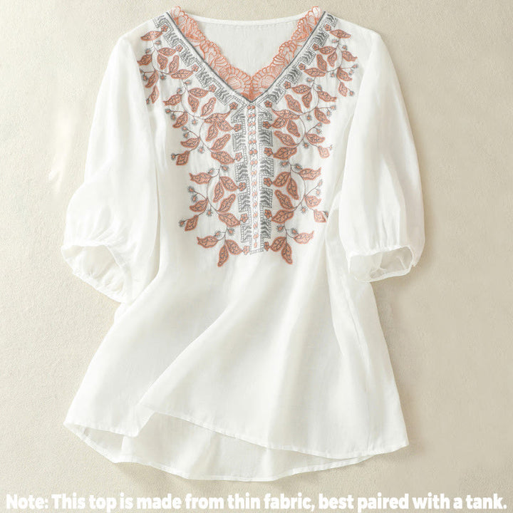Lässiges Damen-T-Shirt aus Baumwolle und Leinen mit halblangen Ärmeln und bestickter Spitze mit Buddha Stones - image 31