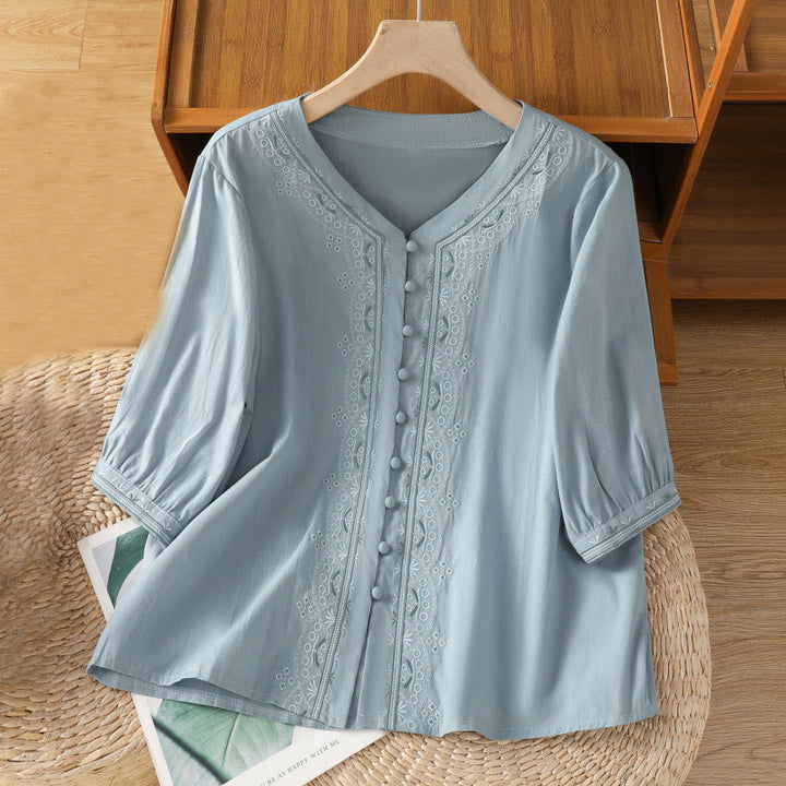 Buddha Stones Symmetrische Stickerei Baumwolle Damen V-Ausschnitt Shirt - HellHimmelBlau - US12, UK/AU16,EU44 (2XL) - image 6