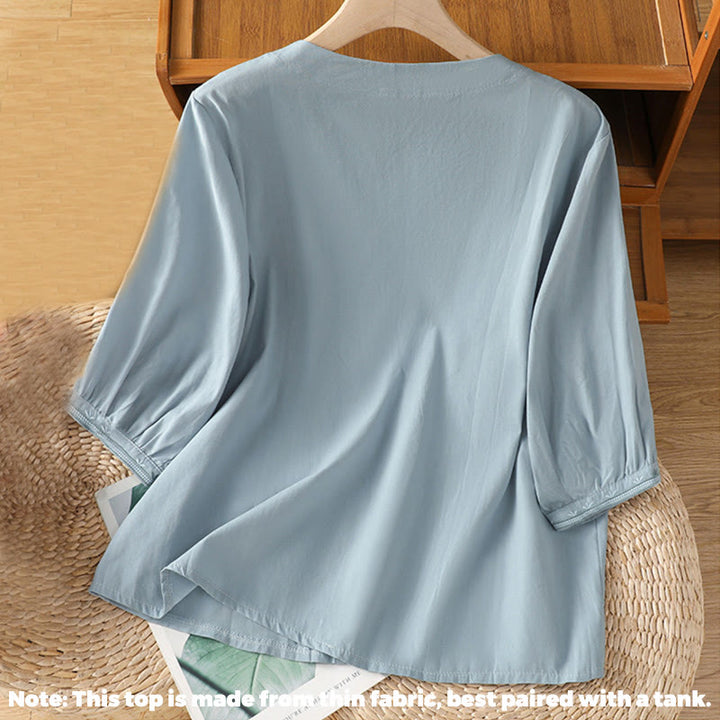 Buddha Stones Symmetrische Stickerei Baumwolle Damen V-Ausschnitt Shirt - image 7