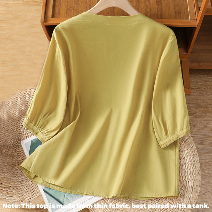 Buddha Stones Symmetrische Stickerei Baumwolle Damen V-Ausschnitt Shirt - image 15