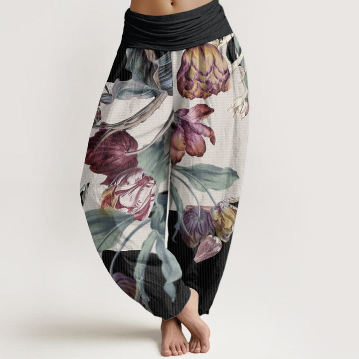 Buddha Stones Damen-Haremshose aus reiner Baumwolle mit Tulpen- und grünem Blätter-Design und elastischer Taille