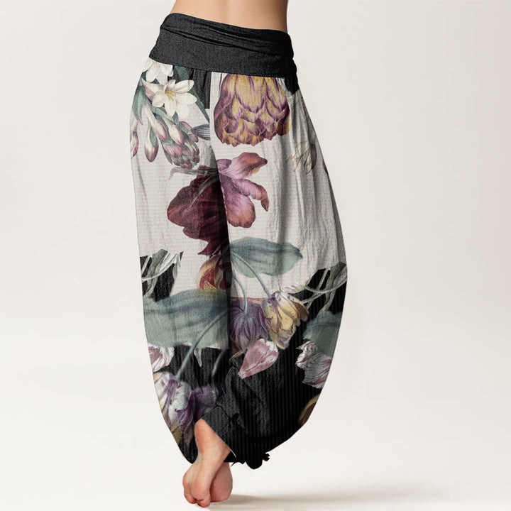 Buddha Stones Damen-Haremshose aus reiner Baumwolle mit Tulpen- und grünem Blätter-Design und elastischer Taille