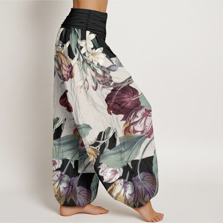 Buddha Stones Damen-Haremshose aus reiner Baumwolle mit Tulpen- und grünem Blätter-Design und elastischer Taille