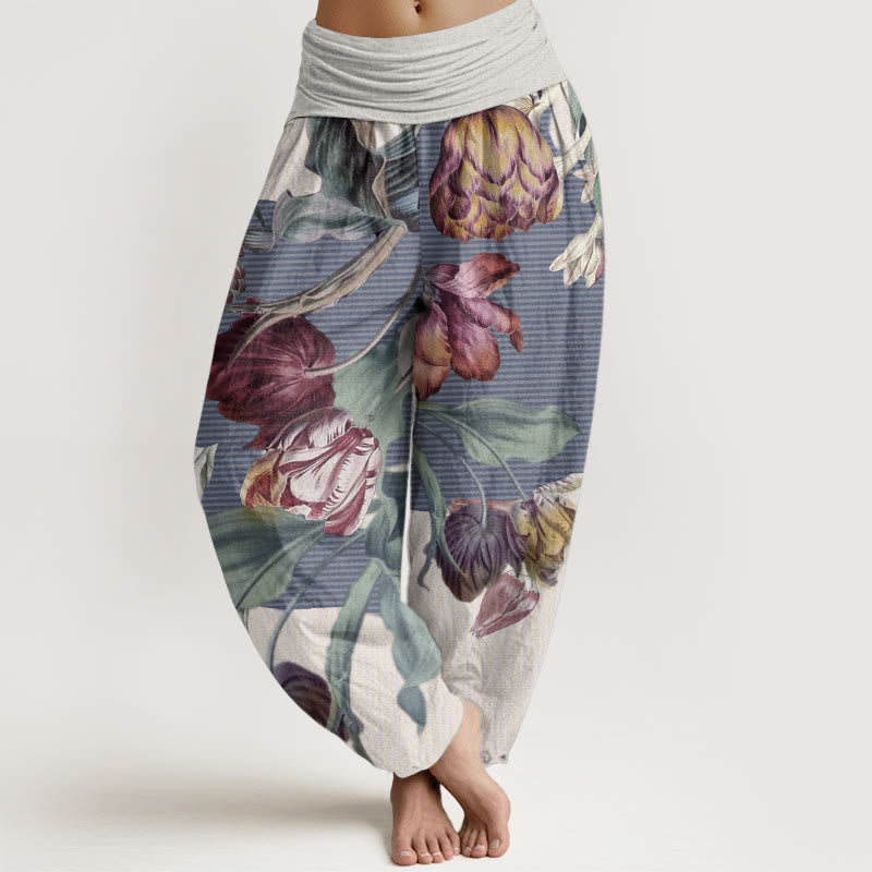 Buddha Stones Damen-Haremshose aus reiner Baumwolle mit Tulpen- und grünem Blätter-Design und elastischer Taille
