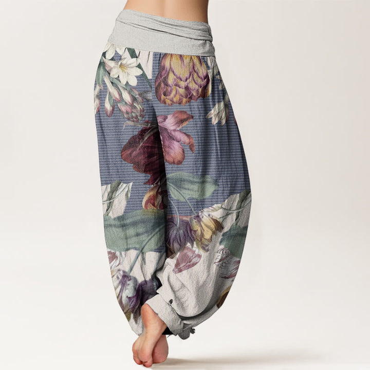 Buddha Stones Damen-Haremshose aus reiner Baumwolle mit Tulpen- und grünem Blätter-Design und elastischer Taille