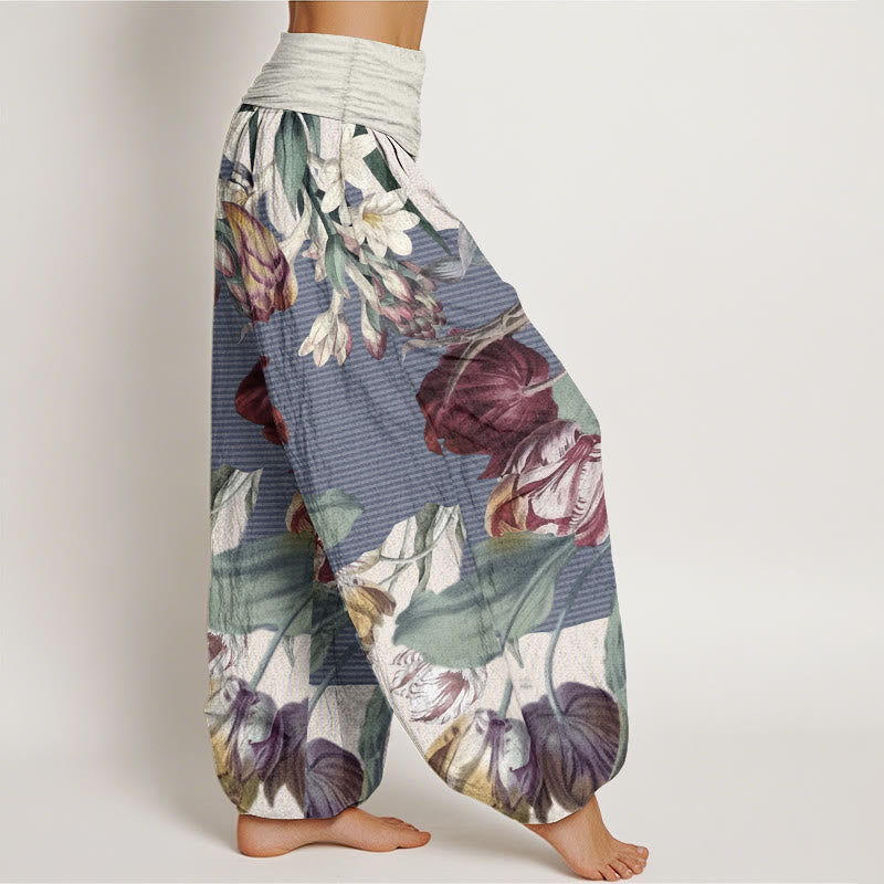 Buddha Stones Damen-Haremshose aus reiner Baumwolle mit Tulpen- und grünem Blätter-Design und elastischer Taille