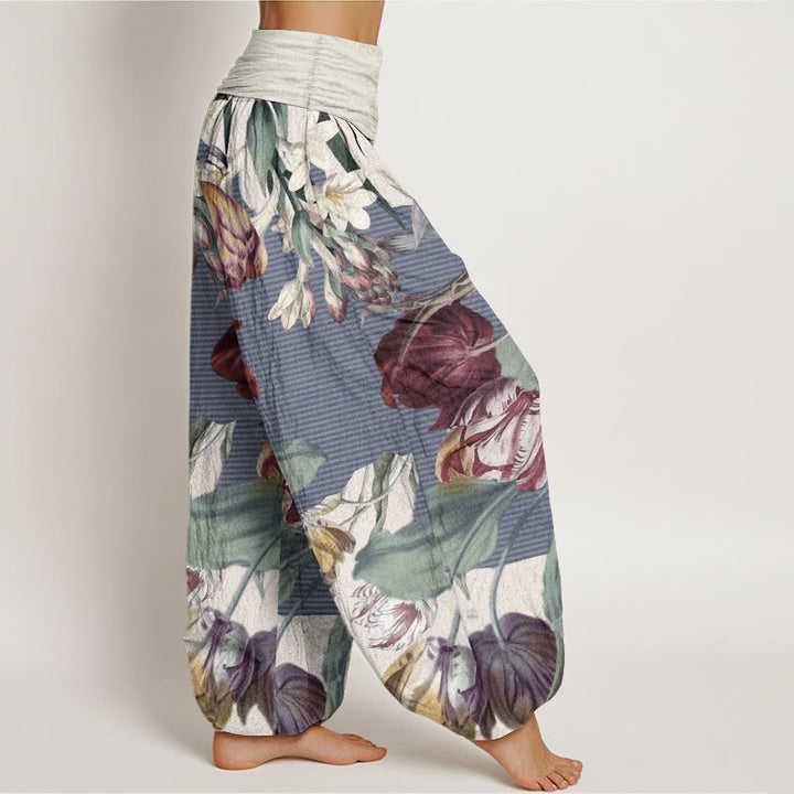 Buddha Stones Damen-Haremshose aus reiner Baumwolle mit Tulpen- und grünem Blätter-Design und elastischer Taille