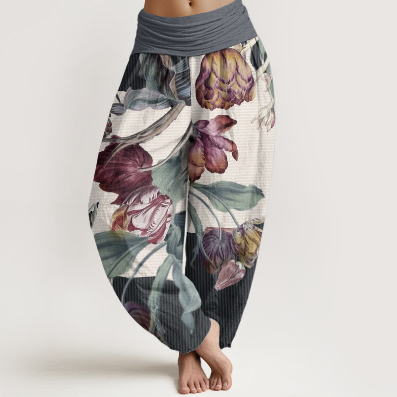 Buddha Stones Damen-Haremshose aus reiner Baumwolle mit Tulpen- und grünem Blätter-Design und elastischer Taille