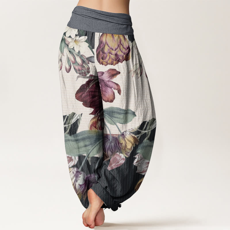Buddha Stones Damen-Haremshose aus reiner Baumwolle mit Tulpen- und grünem Blätter-Design und elastischer Taille